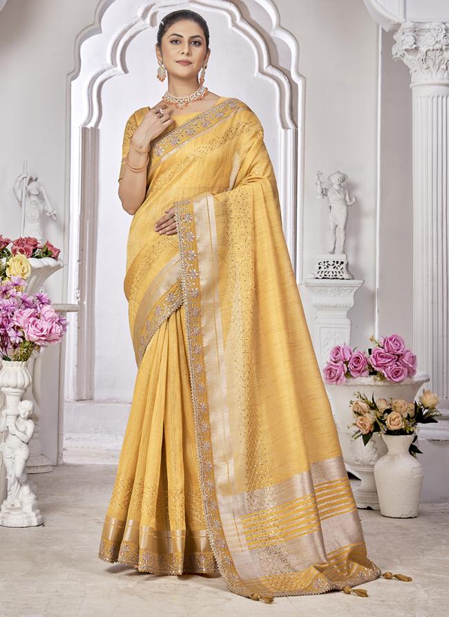 Top Dyed Silk Yellow Wedding Wear Coding Work Saree